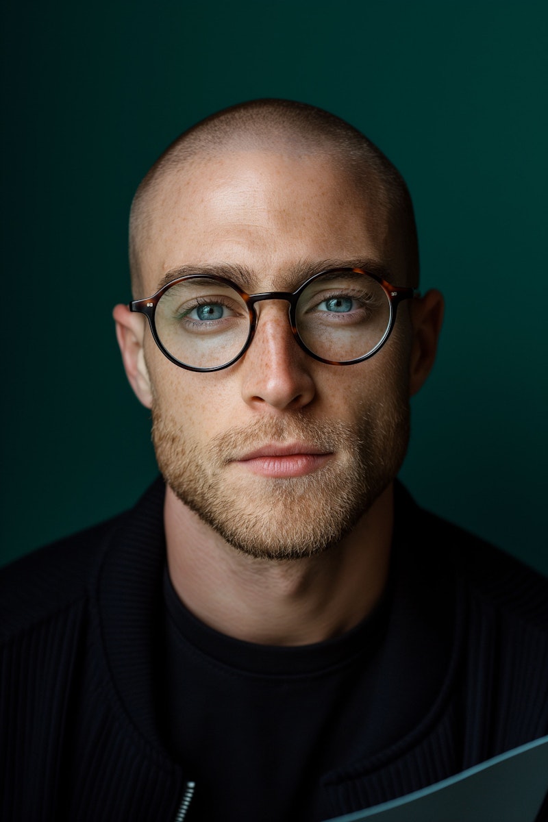 Intense Gaze Of A Bald Man With Green Eyes